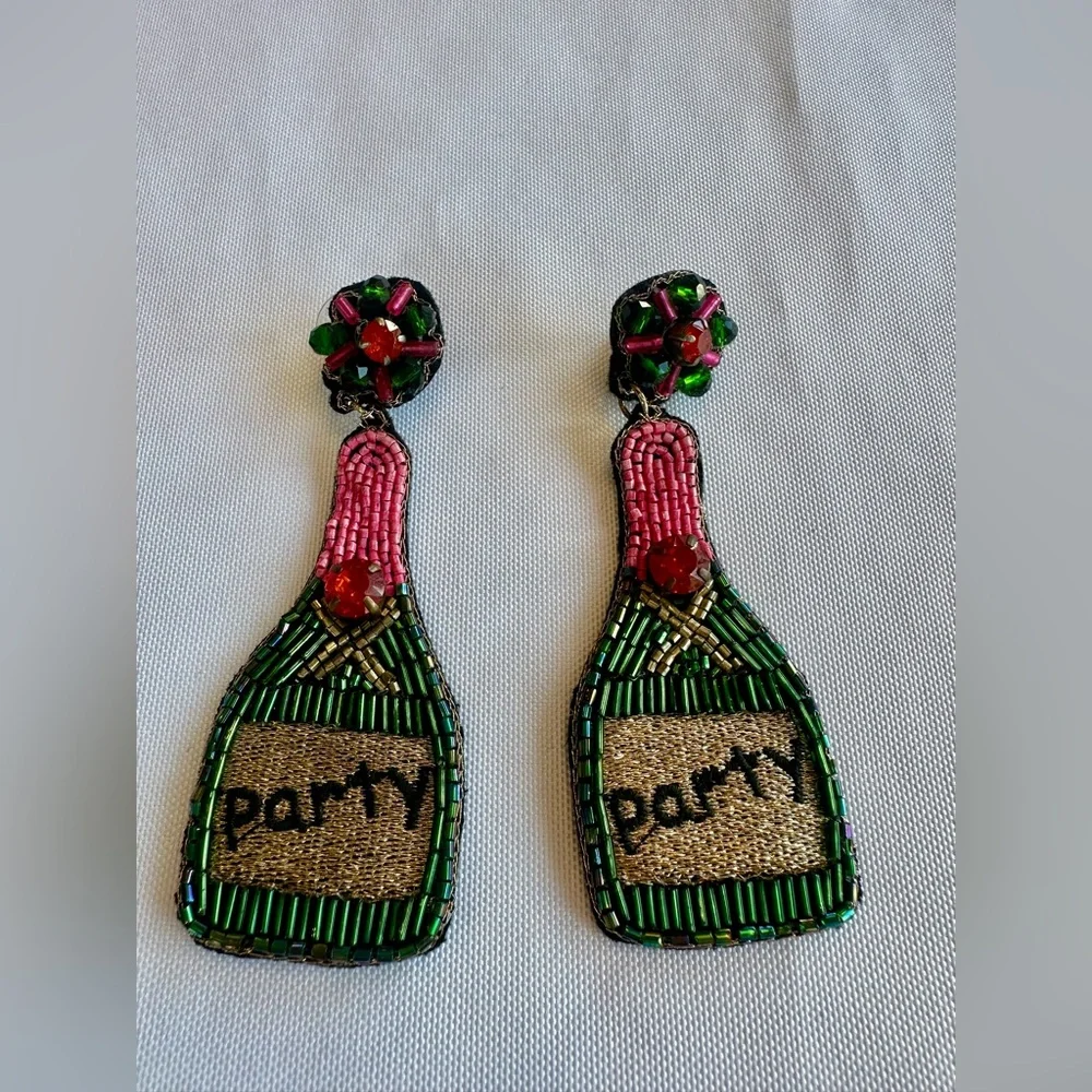Beaded Champagne Bottle Party Earrings